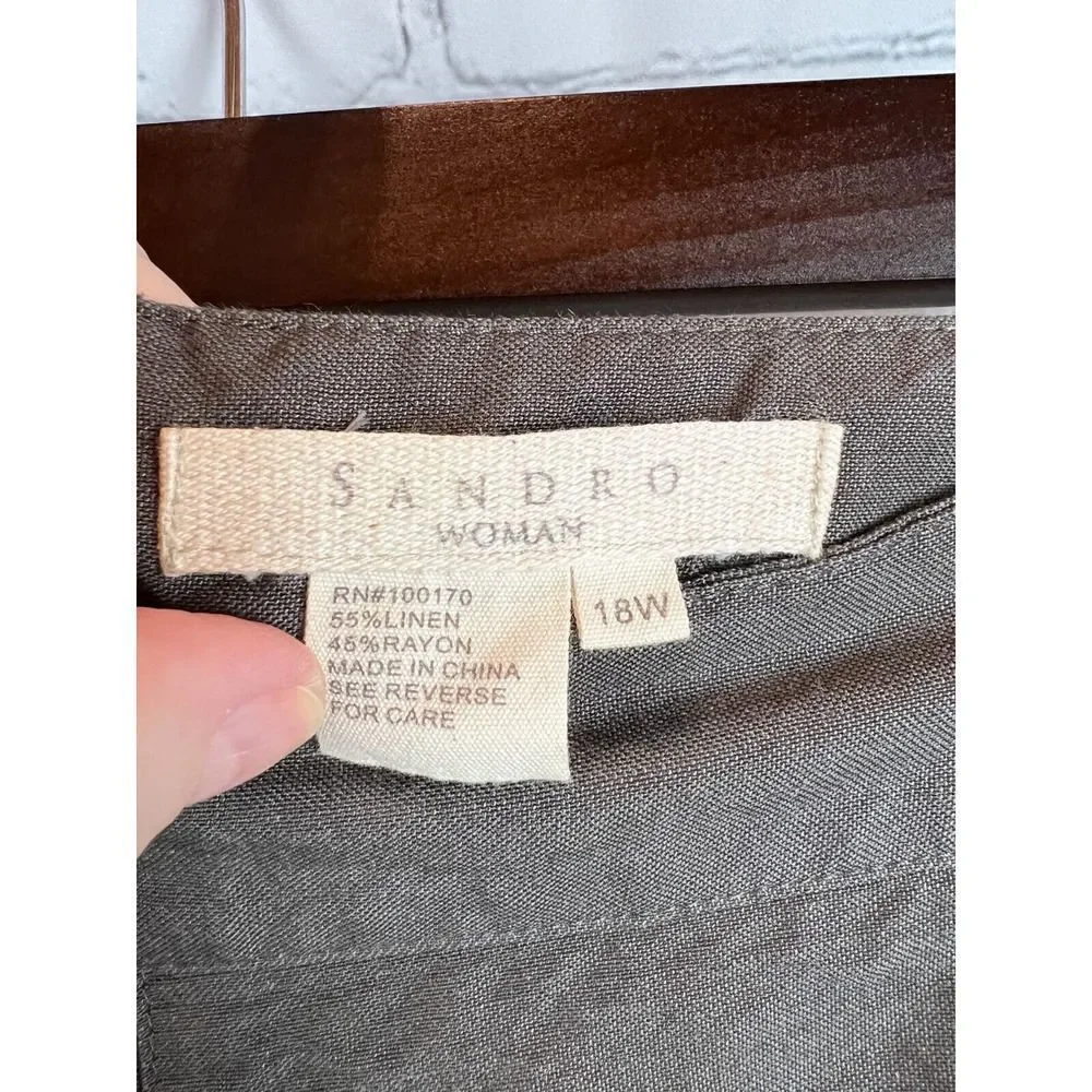 SANDRO green gray khaki linen rayon A-line frill skirt size 18W